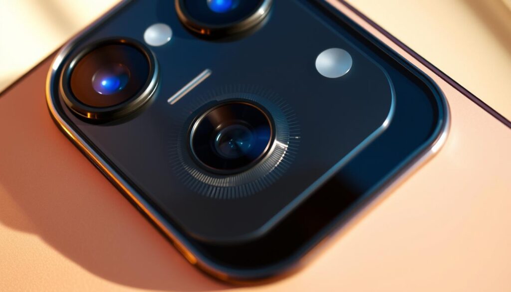 A cutting-edge, high-resolution close-up view of the iPhone 16's advanced camera system, showcasing its intricate lens design, complex sensor array, and sophisticated computational photography algorithms. The camera module is prominently displayed, with its precision-engineered optics and advanced image signal processor (ISP) visible in vivid detail. The scene is bathed in a warm, natural lighting that accentuates the sleek, metallic finish of the device, creating a sense of technological sophistication. The overall composition emphasizes the camera's central role in redefining the boundaries of mobile photography, hinting at its ability to capture stunning, professional-grade images.