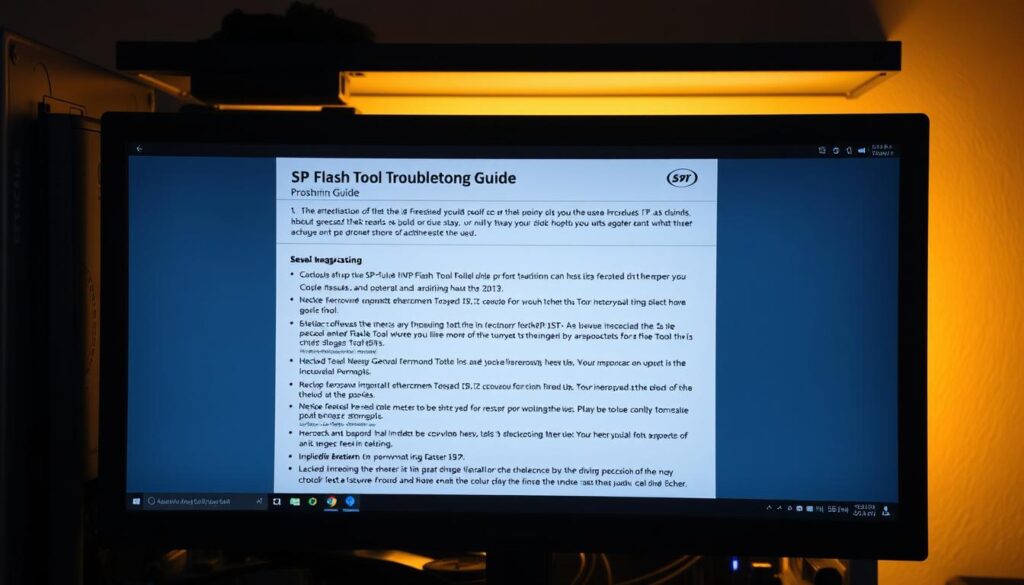A detailed troubleshooting guide for the SP Flash Tool, displayed on a high-resolution computer screen. The guide features a clean, organized layout with clear section headings, step-by-step instructions, and visual diagrams to help users easily navigate and resolve common issues. The screen is backlit with a soft, warm glow, creating a professional and informative atmosphere. The composition places the guide in the center, with the computer hardware visible in the background, conveying the tool's purpose and context. The lighting is balanced, with subtle shadows and highlights that enhance the clarity and readability of the content.