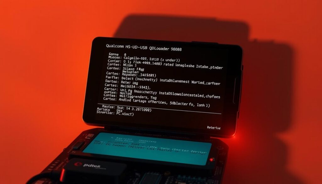 A highly detailed, photorealistic illustration of a Qualcomm HS-USB QDLoader 9008 Android Recovery interface. The display shows a command-line terminal with technical information and system commands. The interface is illuminated by warm, directional lighting, casting shadows that emphasize the depth and texture of the components. The background is a plain, neutral setting, allowing the QDLoader 9008 interface to be the focal point. The overall mood is one of technical precision and functionality, reflecting the purpose of the QDLoader 9008 mode in unbricking Android devices.
