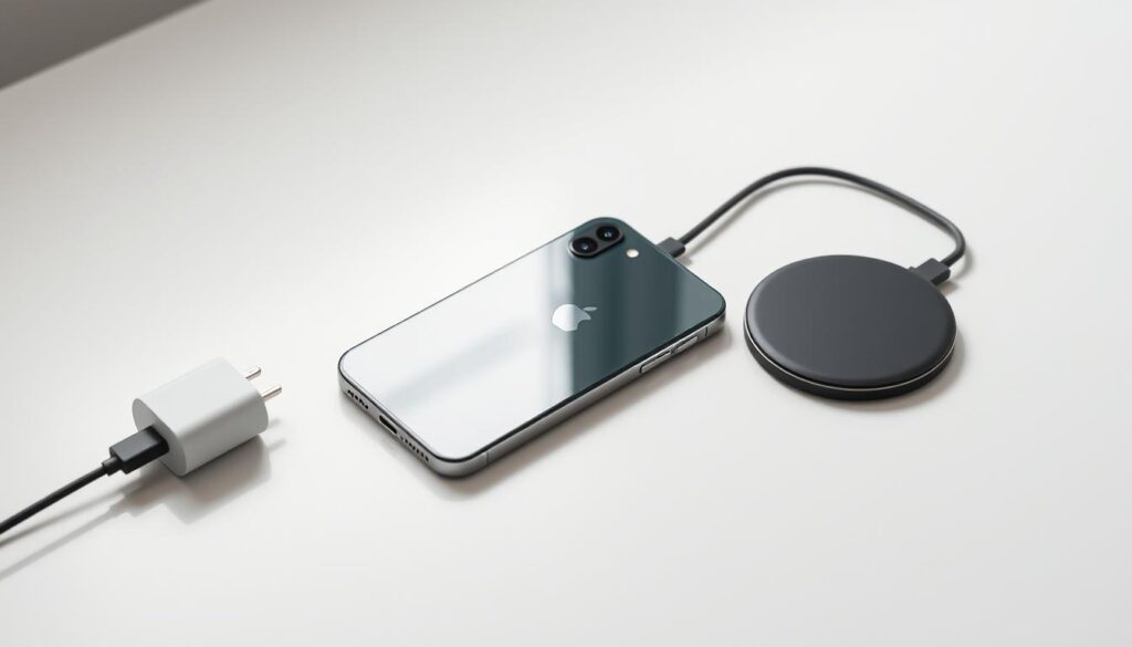 A pristine, well-lit tabletop showcases the latest iPhone 16 in a sleek, minimalist setup. The device is placed center stage, its flawless glass and metal chassis gleaming under soft, directional lighting. Surrounding it are precisely arranged accessories - a high-performance USB-C cable, a powerful quick-charging adapter, and a state-of-the-art wireless charging pad. The background is a neutral, off-white surface that reflects the device's clean lines and accentuates its premium, cutting-edge aesthetics. The overall composition conveys a sense of sophistication, efficiency, and the unwavering pursuit of maximum performance from this flagship smartphone.