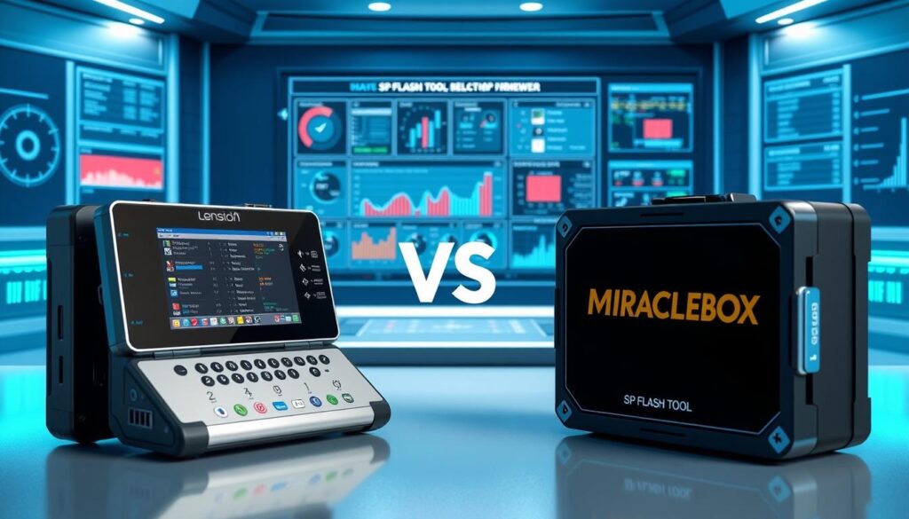A professional-grade comparison of the SP Flash Tool and Miracle Box, two of the most renowned Android flash tools, set against a backdrop of a high-tech control panel. In the foreground, the two devices are prominently displayed, with intricate details highlighting their unique features and interfaces. The middle ground showcases a 3D rendered representation of the firmware flashing process, complete with data charts and technical readouts. The background depicts a sleek, minimalist workspace with subtle lighting effects, conveying a sense of authority and precision. The overall scene exudes a mood of technological sophistication and objective analysis, perfectly suited to illustrate the nuanced comparison of these powerful mobile device management tools.