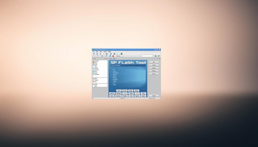 A professional, high-resolution image of the SP Flash Tool user interface for MediaTek devices. The foreground depicts the main window of the software, showcasing its intuitive layout and various control panels. The middle ground includes a detailed rendering of the toolbar, buttons, and options available to the user. In the background, a subtle gradient or blurred effect creates a sense of depth and focus on the central application. The lighting is soft and evenly distributed, highlighting the clean and modern design of the interface. The overall mood is one of functionality, professionalism, and technical precision, reflecting the essential nature of the SP Flash Tool for maintaining and troubleshooting MediaTek-powered devices.