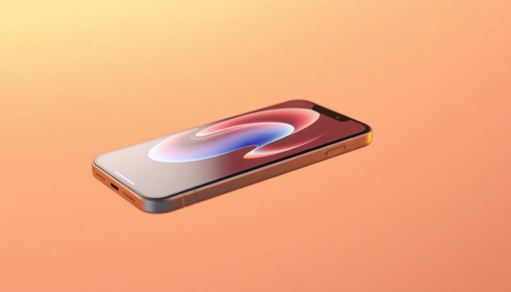 A sleek and futuristic iPhone 17 Air hovers in a minimalist setting. The device's ultra-thin, aluminum unibody gleams under warm, directional lighting, accentuating its sharp edges and seamless design. The screen displays a vibrant, high-resolution image, hinting at the phone's advanced display capabilities. In the background, a soft, out-of-focus gradient evokes a sense of innovation and technological progress. The composition focuses the viewer's attention on the iPhone 17 Air, showcasing its distinctive, yet intuitive features that elevate the user experience in subtle, yet impactful ways.
