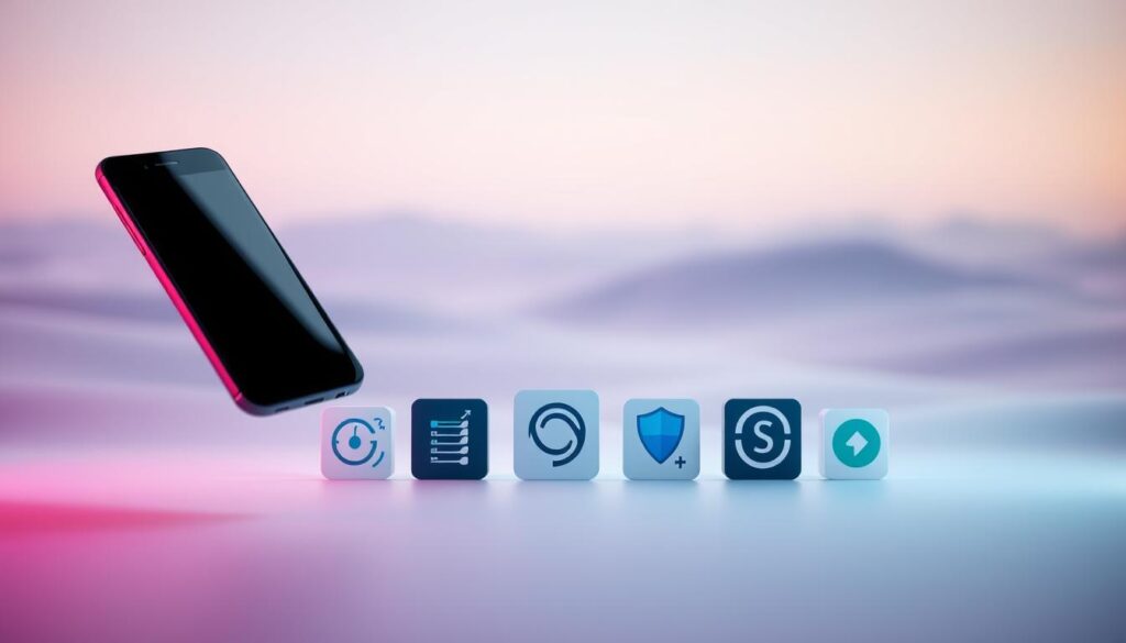 A sleek, futuristic android device hovers in the foreground, its glossy black surface reflecting the soft, ambient lighting. In the middle ground, a selection of mobile backup tools are neatly arranged, their icons and interfaces designed with a minimalist, high-tech aesthetic. The background is a serene, gradient-filled landscape, conveying a sense of calm and efficiency. The overall scene emanates a professional, cutting-edge vibe, perfectly suited to illustrate the "Mobile Tools for Automating Backup and Restore on Android" section.