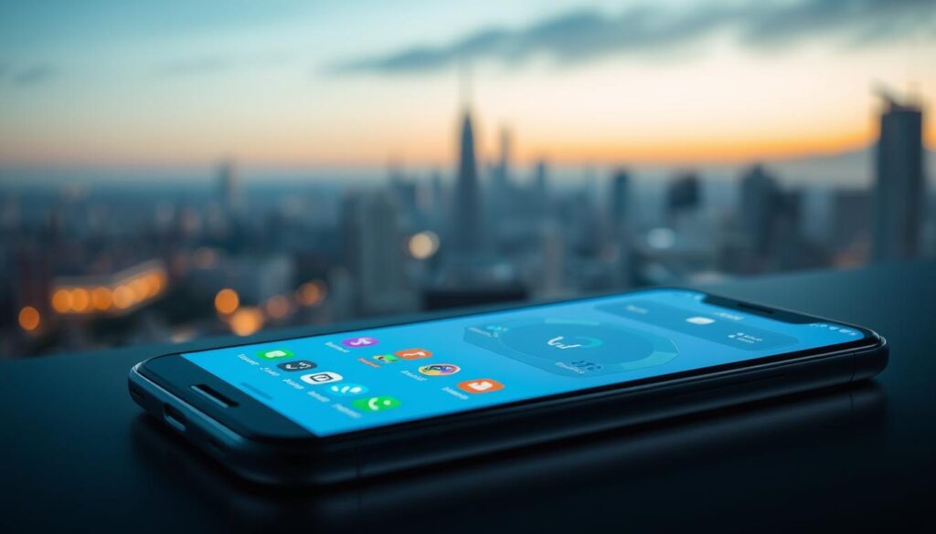 A sleek, high-performance mobile device, its screen glowing with a crisp, clean interface. In the foreground, a set of colorful optimization tools - a memory cleaner, a battery saver, and a device performance booster - their icons neatly arranged. The middle ground features a smooth, minimalist dashboard displaying key system metrics, while the background showcases a serene, blurred cityscape, hinting at the device's portability and on-the-go capabilities. Soft, directional lighting casts a subtle glow, creating a professional, tech-savvy atmosphere. The overall composition conveys the power and efficiency of a mobile tool optimized for peak device performance.