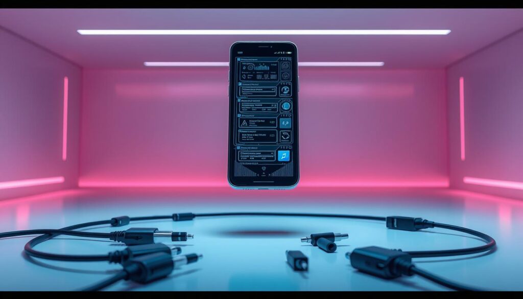 A sleek, modern mobile device hovers in the center, its screen displaying intricate data recovery interfaces. In the foreground, various digital recovery tools and cables surround the device, conveying a sense of advanced, effortless data recovery. The background depicts a minimalist, tech-inspired environment with clean lines, soft lighting, and subtle gradients, creating an atmosphere of efficiency and professionalism. The overall composition and color palette evoke a sense of advanced mobile technology and seamless data recovery solutions.
