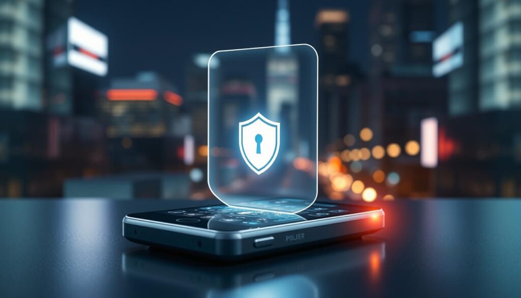 A sleek, modern mobile device protected by a transparent, holographic security shield. The screen is illuminated with a pulsing cybersecurity interface, surrounded by a clean, minimalist design with sharp angles and subtle glowing accents. In the background, a blurred cityscape at night, neon lights reflecting off skyscrapers. Soft, directional lighting casts dramatic shadows, heightening the sense of technological sophistication. The overall mood is one of advanced, robust data protection for the digital age.