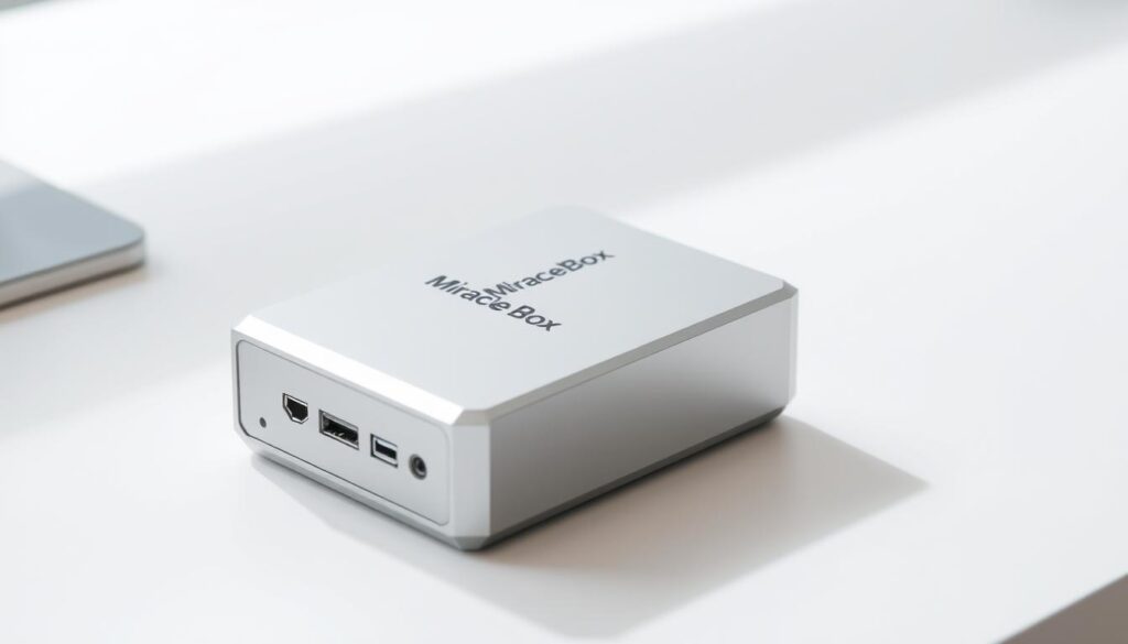 A sleek, silver-colored Miracle Box flash tool sits prominently on a clean, well-lit desk. The device is captured at a slight angle, highlighting its angular, modern design. Soft shadows cast by the tool create a sense of depth and dimension. The background is a minimalist, off-white workspace, allowing the Miracle Box to be the primary focus. The lighting is bright and diffused, creating a professional, technical atmosphere. The image conveys the specialized nature of the Miracle Box tool and its importance in the process of unlocking and flashing mobile devices.