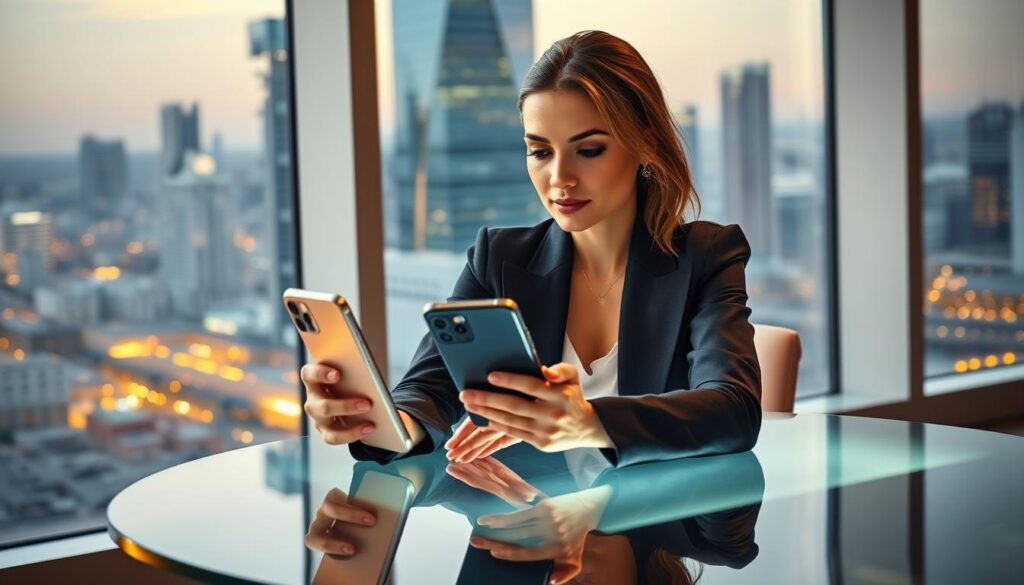 A sophisticated woman in a stylish business attire sits at a glass-topped table, contemplating a shiny new iPhone 16 in her hand. The background features a sleek, modern office setting with floor-to-ceiling windows offering a view of a bustling city skyline. Warm, directional lighting from the side highlights the phone's glossy surface and the woman's pensive expression. The composition suggests a decision-making moment, as the woman weighs the pros and cons of upgrading to the latest iPhone model or waiting for the anticipated release of the iPhone 17.