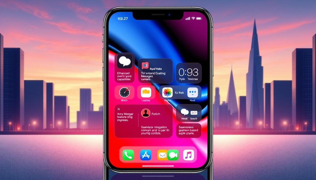 A vibrant, highly detailed illustration of the latest iPhone features in iOS 17. The foreground showcases a sleek, futuristic iPhone model with a crisp, edge-to-edge OLED display. The screen illuminates various iOS 17 innovations like enhanced Siri capabilities, improved iMessage features, and seamless integration with Apple Watch. The middle ground depicts a rich, dynamic interface with colorful app icons and intuitive gesture-based controls. In the background, a minimalist cityscape sets the scene, with striking architectural elements and a subtle glow from the evening sky, creating a sense of modernity and technological advancement.