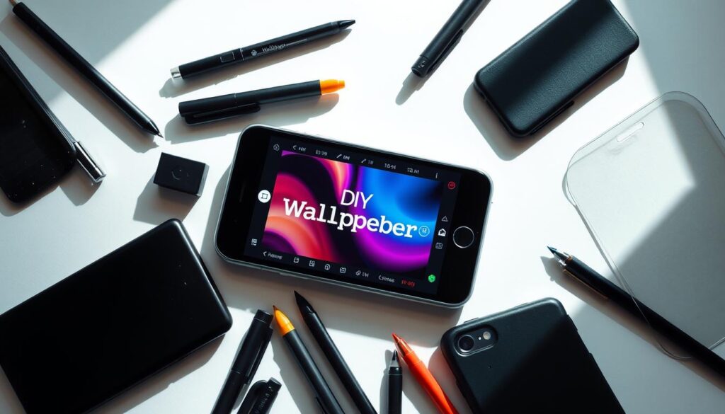 A well-organized collection of mobile DIY wallpaper tools: a smartphone or tablet displaying a digital wallpaper editor interface, surrounded by various mobile accessories like stylus pens, screen protectors, and phone cases. The scene is brightly lit from multiple angles, creating dynamic shadows and highlights that accentuate the textures and forms of the tools. The overall atmosphere conveys a sense of creativity, productivity, and the convenience of crafting custom wallpapers on-the-go. The composition balances the digital and physical elements, showcasing the seamless integration of technology and handheld tools for a complete mobile wallpaper creation experience.